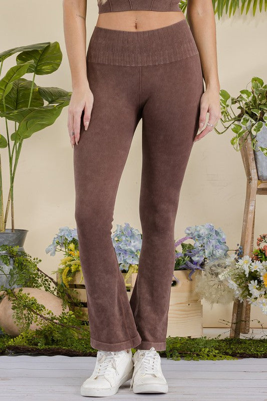 Women's Stone Washed Ribbed Yoga Pants Coffee Yelete