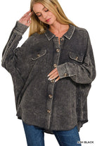 Zenana Ash Black Acid Wash Oversized Cotton Waffle Shacket ZENANA