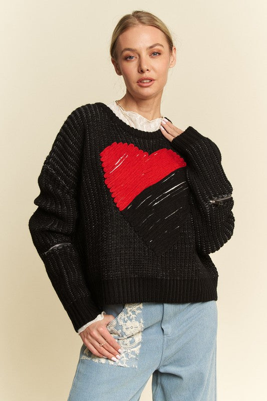 Davi & Dani Contrast Heart Dropped Shoulder Sweater Black