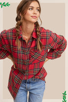 La Miel Plaid Avril Button Down Long Sleeve Flannel Shirt RED RIBBON La Miel