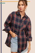 La Miel Plaid Avril Button Down Long Sleeve Flannel Shirt MIDNIGHT BLUE La Miel