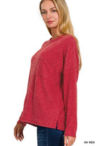 Zenana Ribbed Brushed Melange Hacci Sweater with a Pocket DK RED ZENANA