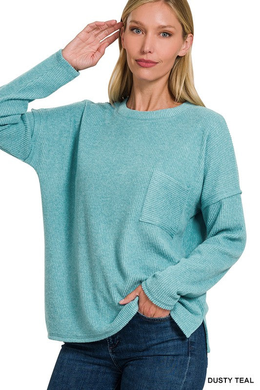 Zenana Ribbed Brushed Melange Hacci Sweater with a Pocket DUSTY TEAL ZENANA