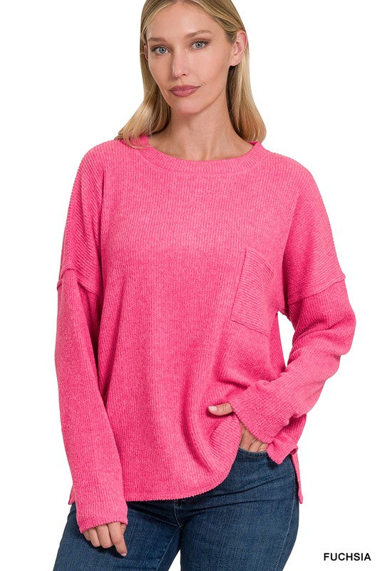 Zenana Ribbed Brushed Melange Hacci Sweater with a Pocket FUCHSIA ZENANA