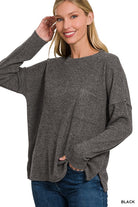 Zenana Ribbed Brushed Melange Hacci Sweater with a Pocket BLACK ZENANA