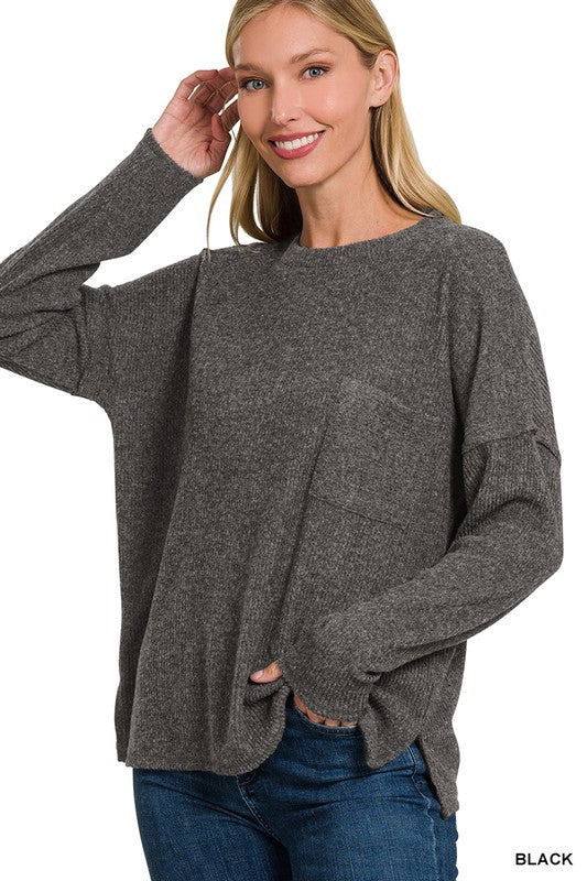 Zenana Ribbed Brushed Melange Hacci Sweater with a Pocket BLACK ZENANA