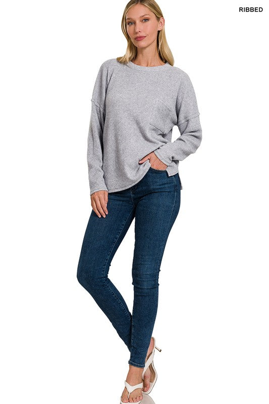 Zenana Ribbed Brushed Melange Hacci Sweater with a Pocket ZENANA