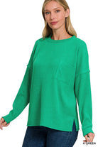 Zenana Ribbed Brushed Melange Hacci Sweater with a Pocket K GREEN ZENANA