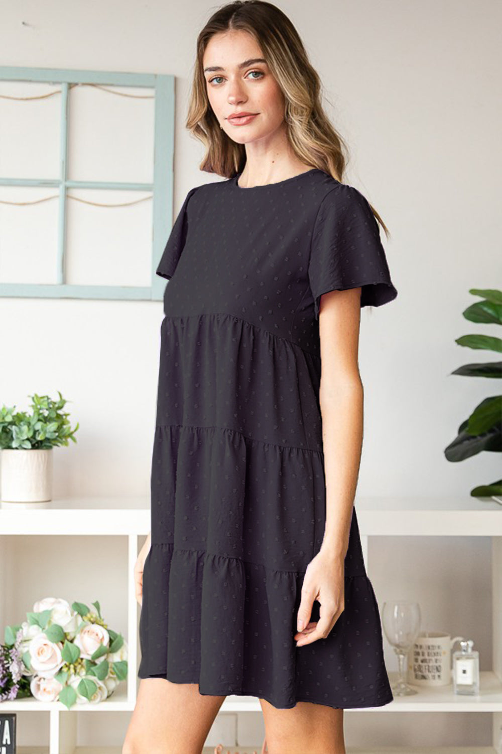 Heimish Black Swiss Dot Short Sleeve Tiered Dress Trendsi