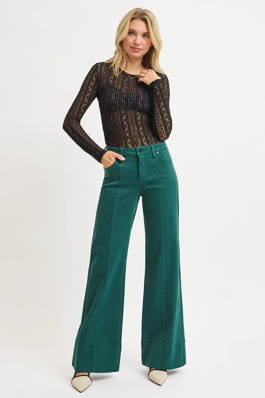 RISEN Hunter Green Tummy Control Mid Rise Wide Leg Jeans