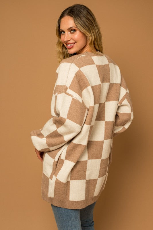 Gilli Taupe Checker Graphic Sweater Cardigan