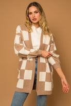 Gilli Taupe Checker Graphic Sweater Cardigan