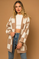 Gilli Taupe Checker Graphic Sweater Cardigan