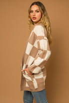 Gilli Taupe Checker Graphic Sweater Cardigan