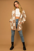 Gilli Taupe Checker Graphic Sweater Cardigan