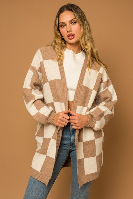 Gilli Taupe Checker Graphic Sweater Cardigan TAUPE-WHITE