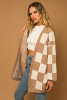 Gilli Taupe Checker Graphic Sweater Cardigan