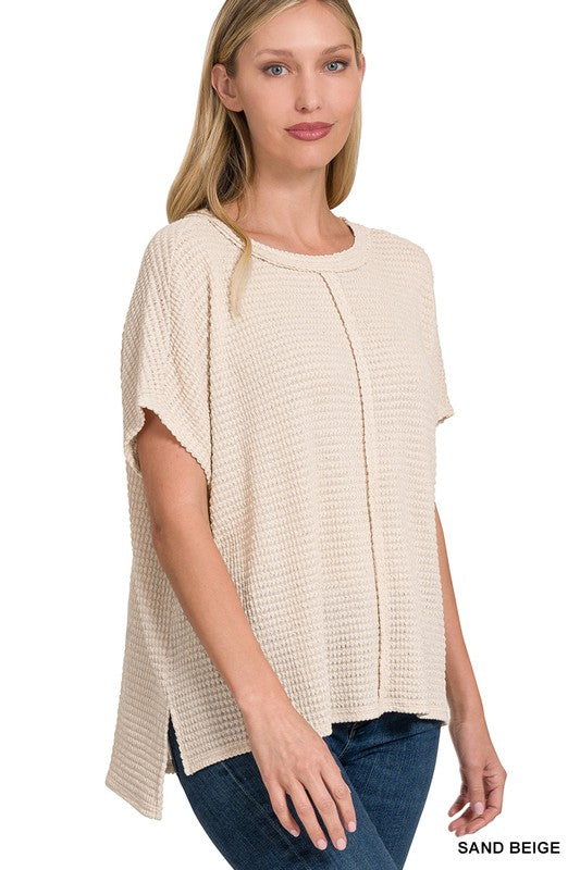 Zenana Dolman Short Sleeve Jacquard Sweater SAND BEIGE ZENANA