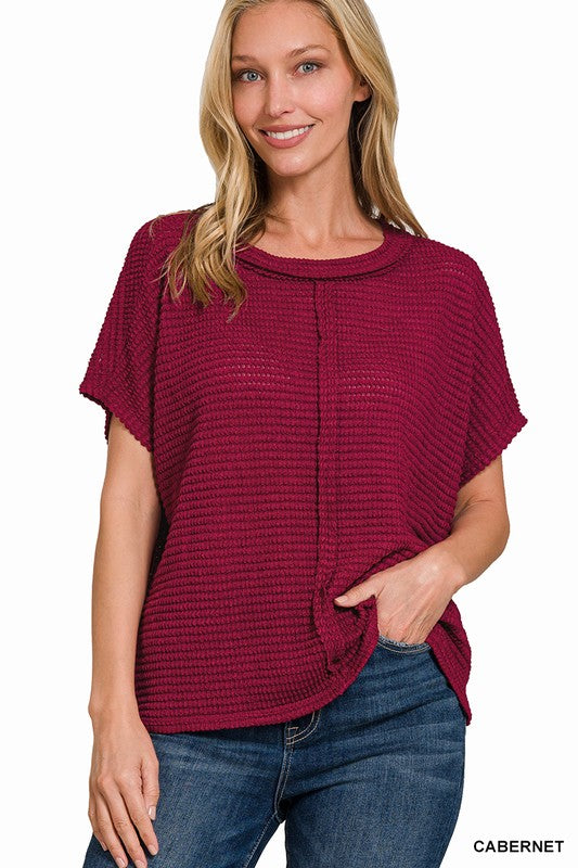 Zenana Dolman Short Sleeve Jacquard Sweater CABERNET ZENANA