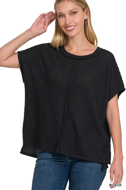 Zenana Dolman Short Sleeve Jacquard Sweater BLACK ZENANA