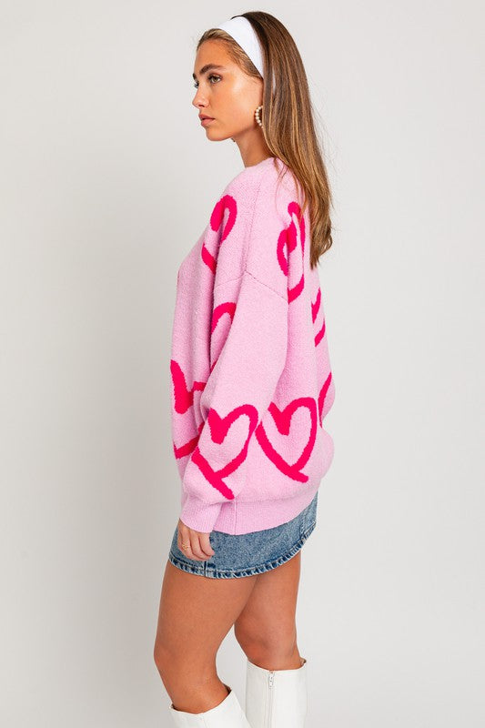 Le Lis Long Sleeve Round Neck Heart Printed Sweater