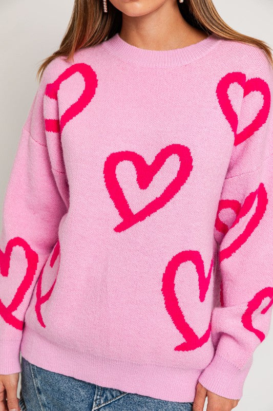 Le Lis Long Sleeve Round Neck Heart Printed Sweater