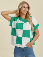 Double Take Checkered Round Neck Short Sleeve Sweater Trendsi