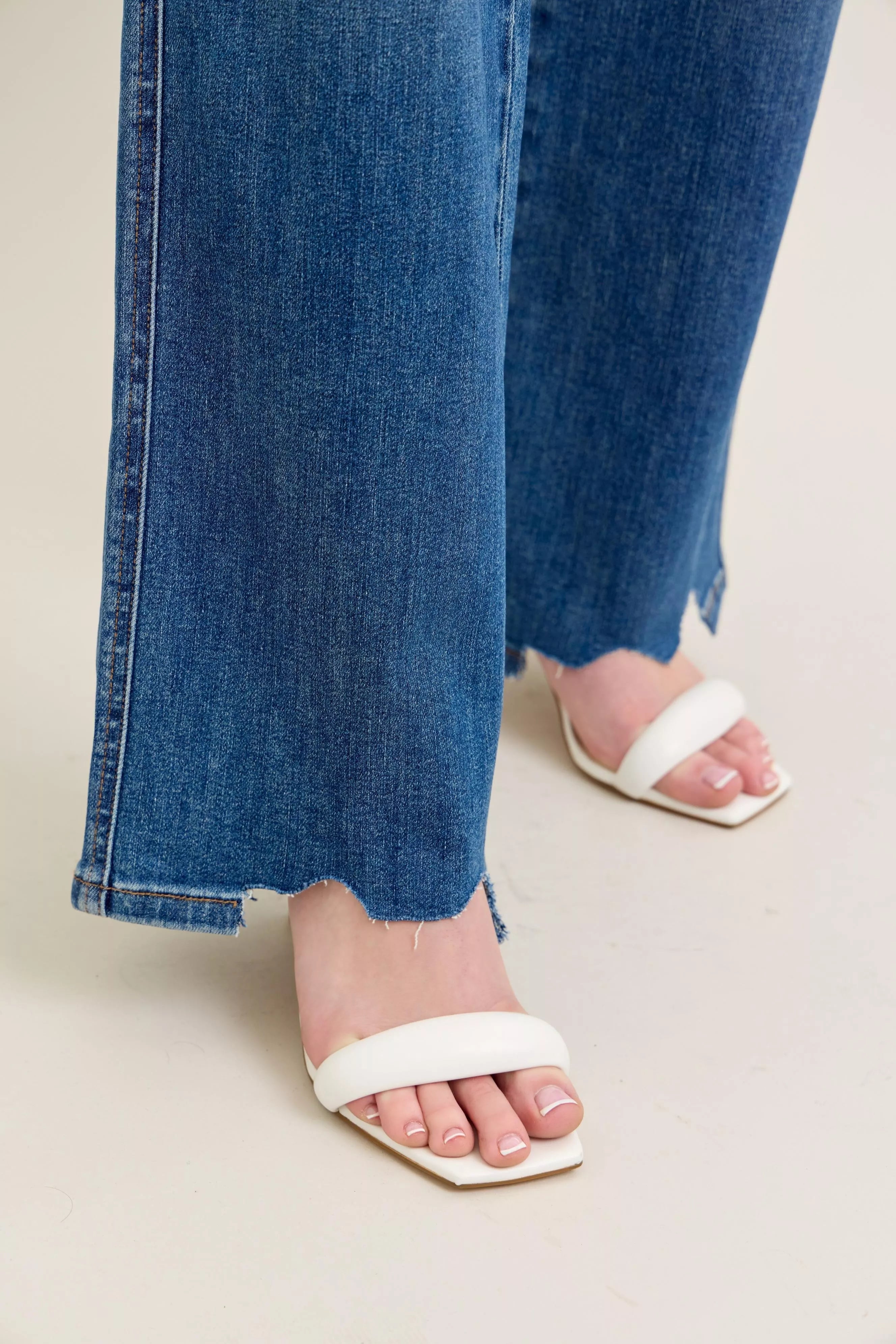 Judy Blue Medium Washed High Waist Tummy Control Chew Hem Destroyed Wide Jeans