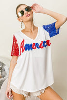 BiBi Metallic Letter America V-neck Sequin Sleeves Top
