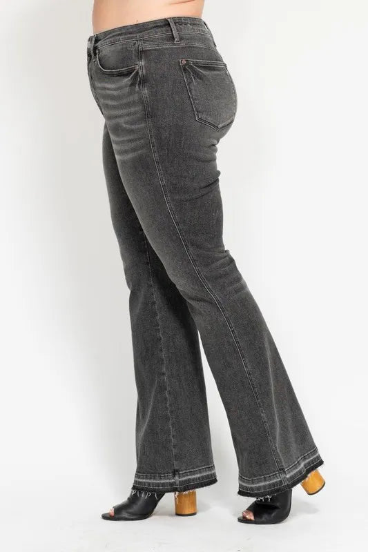 Judy Blue Gray Midi Rise Tummy Control Washed Gray Release Hem Flare Jeans