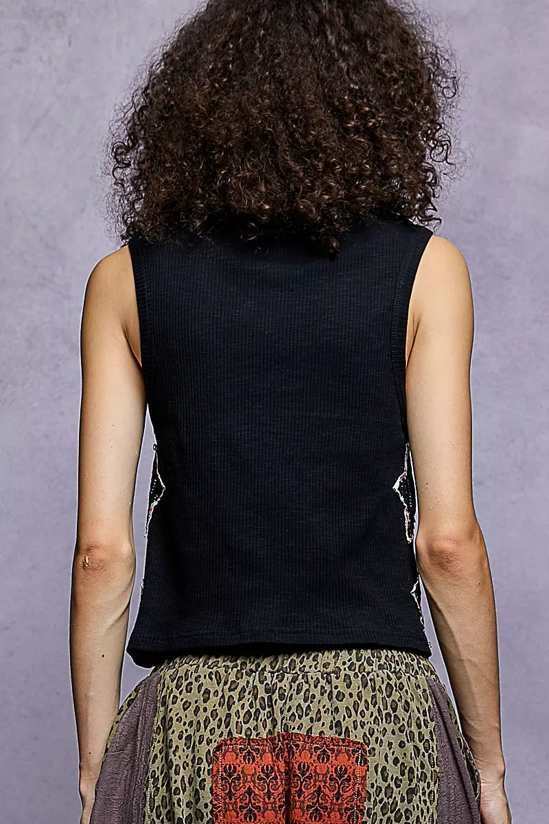 POL Black Star Patch V-Neck Cropped Ribbed Tank
