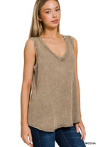 Zenana Deep Camel Crinkle Washed V-neck Sleeveless Top
