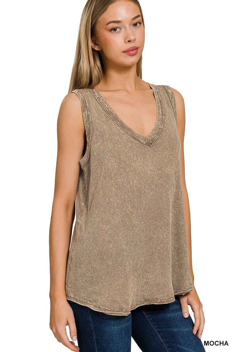 Zenana Deep Camel Crinkle Washed V-neck Sleeveless Top
