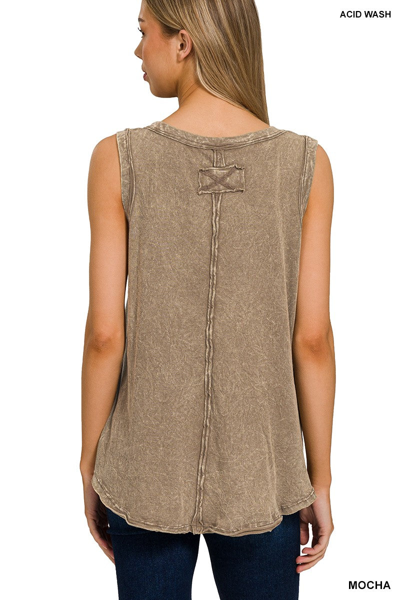 Zenana Deep Camel Crinkle Washed V-neck Sleeveless Top