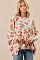 BiBi Oatmeal Floral Print Oversized Waffle Thermal Sweatshirt