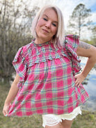 Haptics Fuchsia Plaid Shirred Yoke Flutter Sleeve Top Haptics