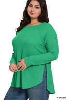 Zenana Plus Melange Baby Waffle Long Sleeve Top K GREEN ZENANA