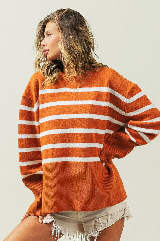 BiBi Ribbed Hem Stripe Sweater in Rust or Black BiBi
