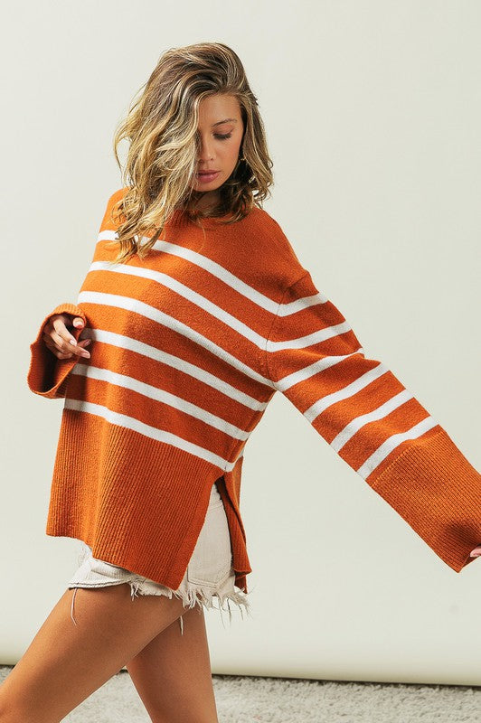 BiBi Ribbed Hem Stripe Sweater in Rust or Black BiBi