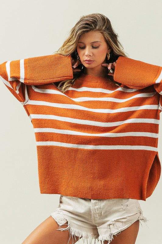 BiBi Ribbed Hem Stripe Sweater in Rust or Black BiBi
