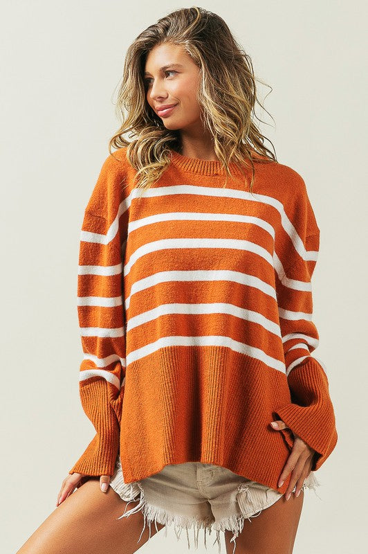 BiBi Ribbed Hem Stripe Sweater in Rust or Black RUST BiBi