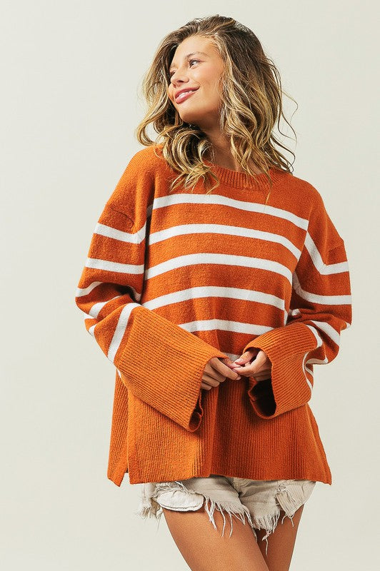 BiBi Ribbed Hem Stripe Sweater in Rust or Black BiBi