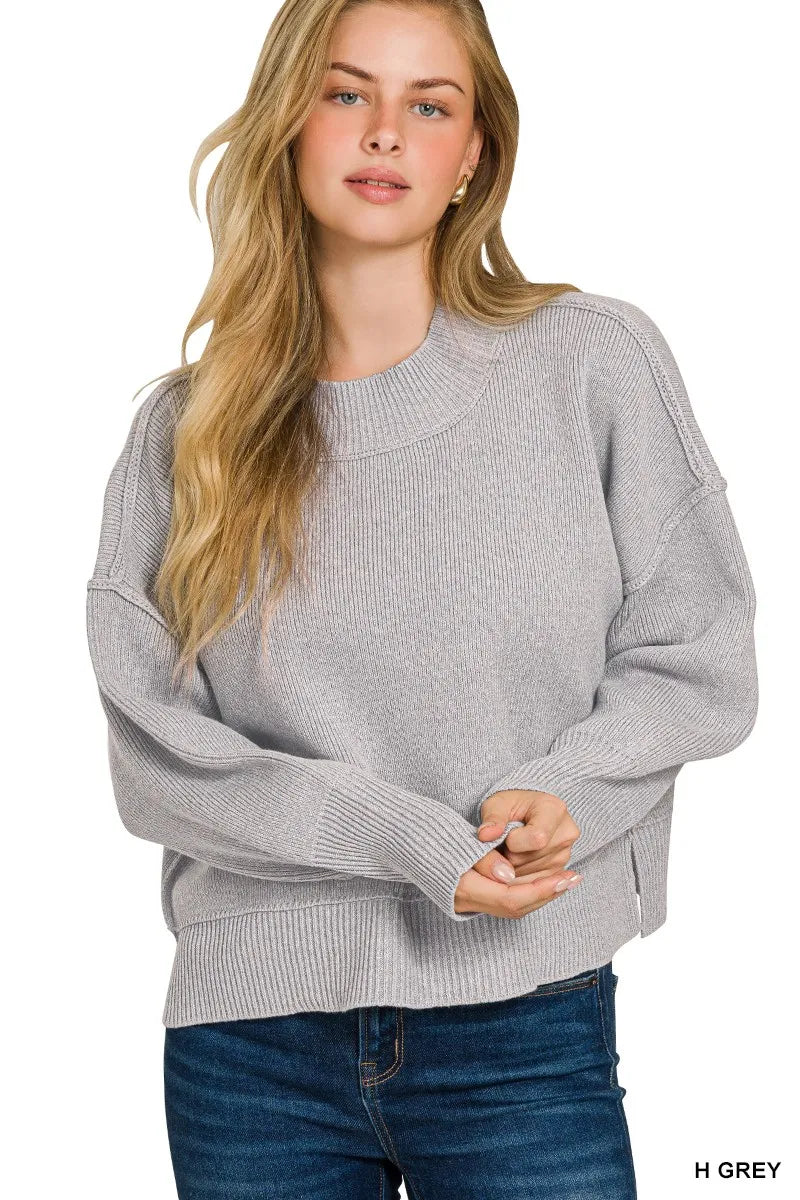 Zenana Heather Gray Wide Neck Band Drop Shoulder Sweater