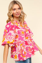 Haptics Pink/Yellow Floral Frill Balloon Short Puff Sleeve Blouse Shirts & Tops