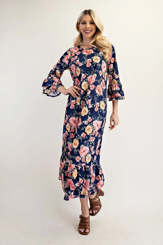 Celeste Soft Navy Floral Ruffle Trim Dress
