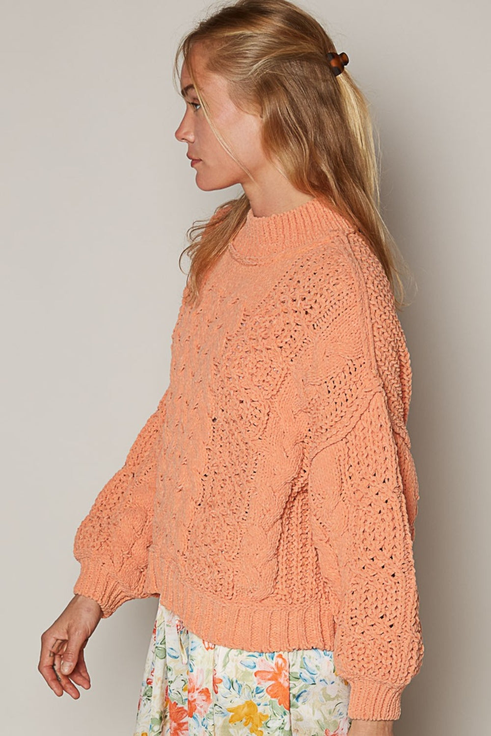 POL Coral Tangerine Mock Neck Cable Knit Sweater Trendsi