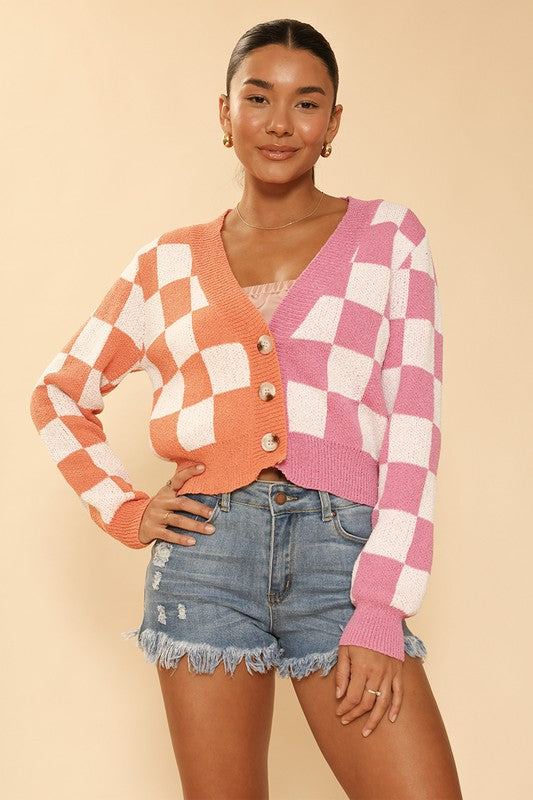 Two tone checkered cropped knit cardigan Orange pink