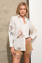 Blue B Embroidered Western Cowgirl Linen Shirt Blouse Off White Blue B