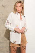 Blue B Embroidered Western Cowgirl Linen Shirt Blouse Blue B