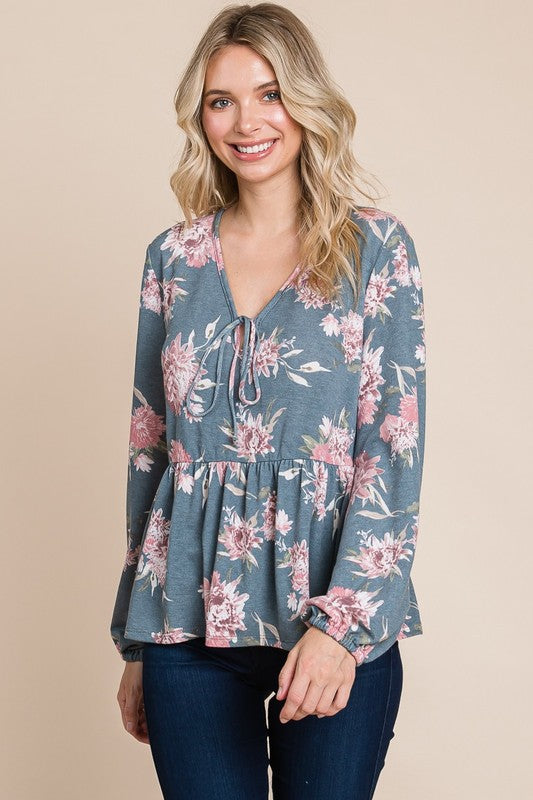 Super Lady Babydoll Floral Long Sleeve Blouse Shirts & Tops